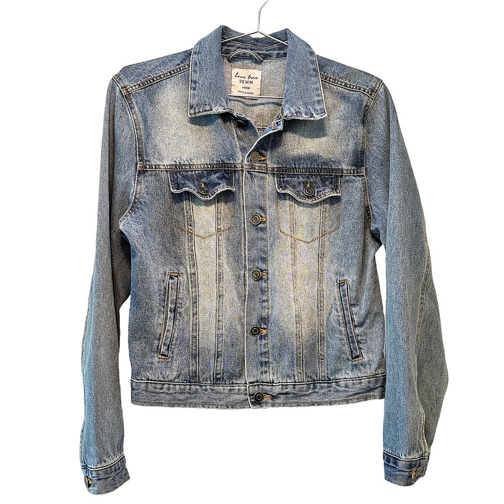 LOVE TREE Women's 100% Cotton Denim Jean Jacket • Large • light wash blue‎